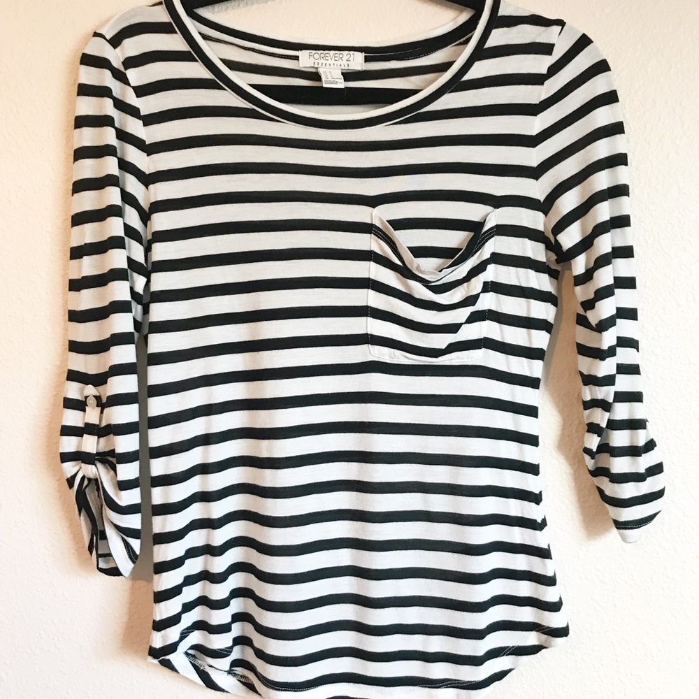 Forever 21 White & Black Striped Long Sleeve Shirt